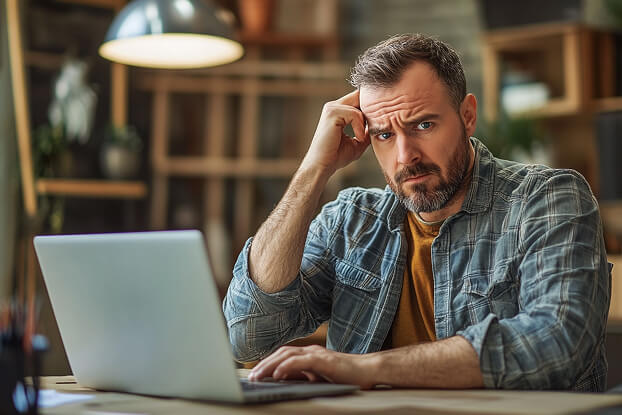 A person looking frustrated while working on a laptop, representing the struggle of creating manual quotes.